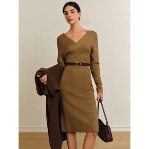 Commense Ribbed Knit Midi Dress Long Sleeve V Neck Olive Career Casual‎ size XS